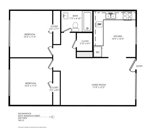 Floor plan for 1 bed, 1 bath, 495 sqft